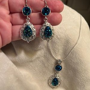 Blue Druzy And Sterling Three Piece Necklace and Earrings Set. EUC